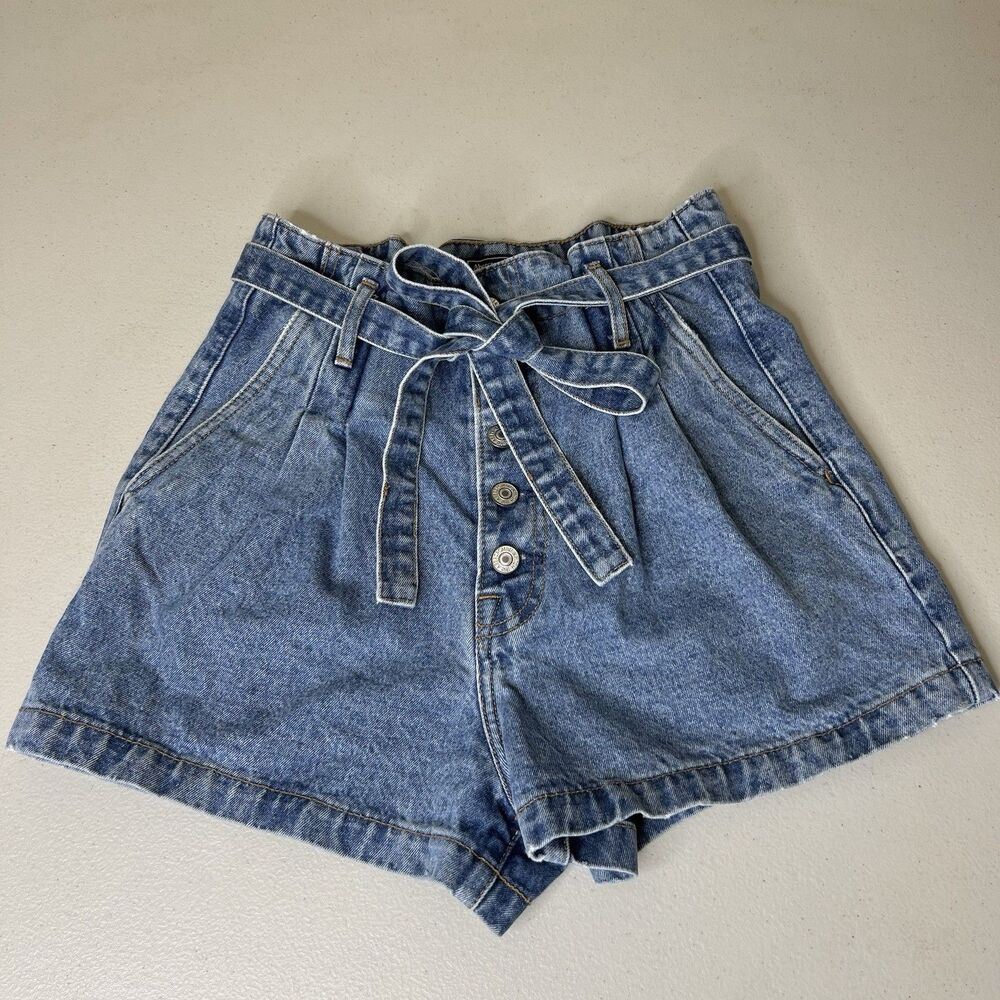 Abercrombie & Fitch High Waisted Denim Shorts 26 Paperbag Belted Button Fly